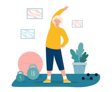 Yaşlı kadın egzersiz yapıyor. Büyükannem evde esniyor ve yoga yapıyor. Aktif yaşam tarzı, spor, spor ve spor. Dambılı yaşlı bir karakter. Çizgi film düz vektör çizimi