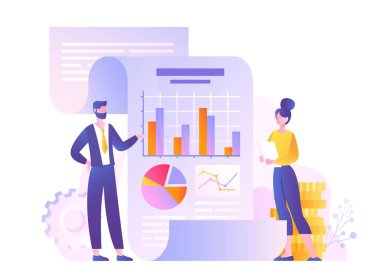 Grafiği olan kadın ve erkek. Finansal okuryazarlık, pazarlama araştırmaları ve bütçe planlaması. Girişimci ve yatırımcı, analist ve danışman beyin fırtınası. Çizgi film düz vektör çizimi