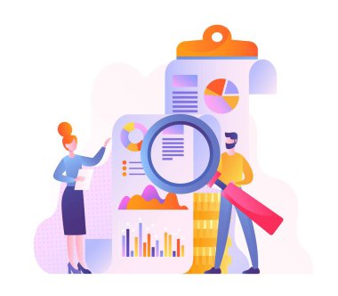 Grafiği olan kadın ve erkek. Elinde büyüteç olan genç adam belgelere bakıyor. Takım çalışması, ortaklık ve işbirliği. Bütçe ve muhasebe. Çizgi film düz vektör çizimi