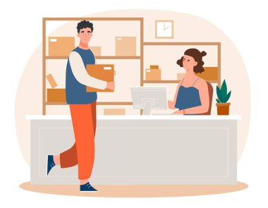 Postanedeki insanlar. Erkek kadına zarf ya da paket ile gelir. Uzaktan iletişim ve iş yazışmaları, lojistik. Depoda kadın operatör var. Çizgi film düz vektör çizimi