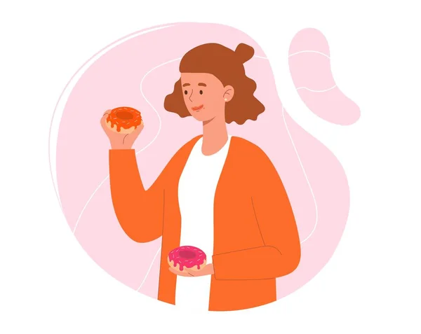 女人吃甜甜圈 手里拿着甜点和美味的小女孩 美味但不健康的甜食和糖类食物 吃含卡路里的垃圾 卡通平面矢量插图 — 图库矢量图片