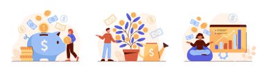 Pasif gelir seti. Erkek ve kadın yatırımcılar para biriktirir, su parası ağacı alır ve kar payı alırlar. Bütçe planlaması ve finansal özgürlük. Beyaz arkaplanda izole edilmiş çizgi film düz vektör çizimleri