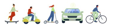 Elektrikli araç seti. Erkekler ve kadınlar elektrikli araba, bisiklet, bisiklet, scooter ve kaykay kullanıyor. Çevre dostu nakliye için karakter değişikliği. Çizgi film düz vektör koleksiyonu beyaz arkaplanda izole edildi