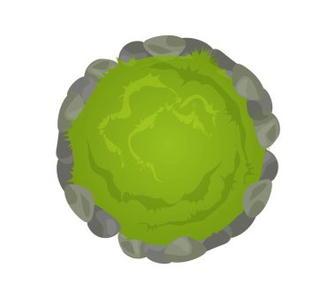 Peyzaj elemanı üst görünümü. Yeşil çimenli ya da çimenli taşlardan oluşan yuvarlak bir çiçek tarlası. Bahçe ya da park. Tasarım projesi ya da planı için nesne. Çizgi film düz vektör çizimi beyaz arkaplanda izole edildi