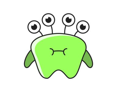 Sevimli canavar ikonu. Dört gözlü bir mutant ya da uzaylı silueti. Yeşil fantezi yaratık. Mikrop ya da bakteri. Korkunç komik karakter. Çizgi film düz vektör çizimi beyaz arkaplanda izole edildi