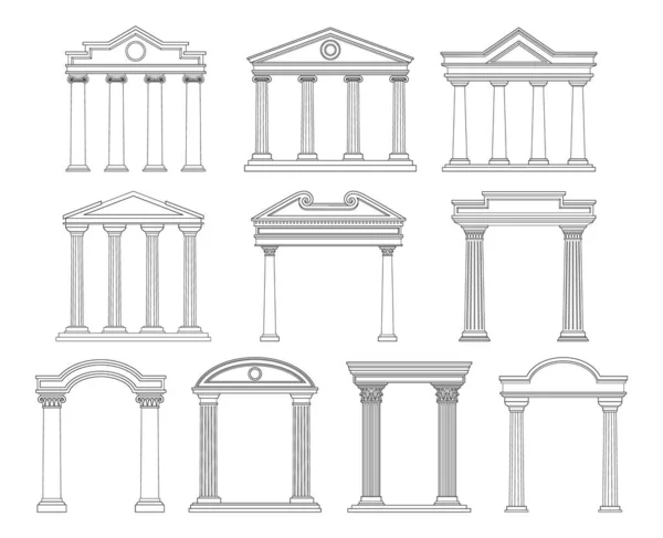 古代ペダルセット 建物のファサードの古代ギリシャやローマの大理石の柱 ギリシャ文化のヴィンテージ建築 白い背景に単離されたシンプルな線形ベクターイラストコレクション — ストックベクタ