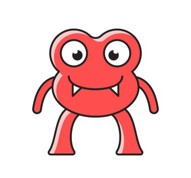 Sevimli canavar ikonu. Sivri dişleri ve kırmızı vücudu olan güler yüzlü bir mutant. Fabulos yaratığı ya da Kawaii tarzında bir uzaylı. Korkunç komik karakter. Çizgi film düz vektör çizimi beyaz arkaplanda izole edildi