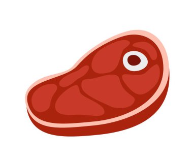 Sağlıklı yemek ikonu. Biftek ya da domuz etli renkli çıkartma. Çiğ taze et. Yemek pişirmek için. Sağlıklı yaşam tarzı ve diyet. Çizgi film düz vektör çizimi beyaz arkaplanda izole edildi