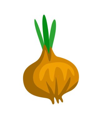 Sağlıklı yemek ikonu. Olgun soğanlı renkli çıkartma. Yemek pişirmek için. Organik doğal sebze. Sağlıklı yaşam tarzı ve diyet. Çizgi film düz vektör çizimi beyaz arkaplanda izole edildi