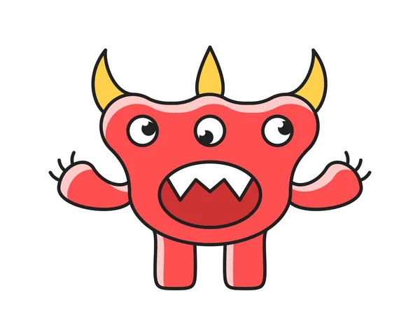 Cute Monster Icon Creepy Red Mutant Sharp Fangs Teeth Horns — Stock Vector