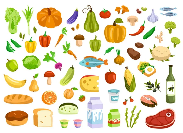 Σετ Υγιεινής Διατροφής Αυτοκόλλητα Λαχανικά Φρούτα Γαλακτοκομικά Κρέας Και Τυρί — Διανυσματικό Αρχείο