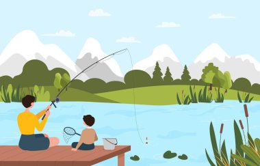 Baba oğul balık tutuyor. Adam ve çocuk ellerinde olta kamışlarıyla iskelede oturuyor, yazın veya ilkbaharda birlikte vakit geçiriyorlar. Boş zaman ve hobi, açık hava aktiviteleri. Çizgi film düz vektör çizimi