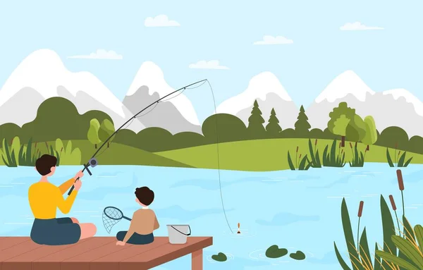 父と息子が釣りをする 男の子と男の子は 夏か春に一緒に時間を過ごす釣り棒でピアに座っています レジャーや趣味 アウトドア活動 漫画フラットベクターイラスト — ストックベクタ