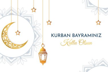 Kurban Bayram bayrağı. Geleneksel İslam bayramı. Kültür ve din, Ramazan. Kurban bayramı mübarek ziyafeti. Müslümanların kutsal günleri. Kartpostalı selamlıyorum. Çizgi film düz vektör çizimi