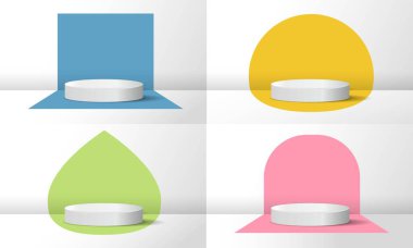Podyum seti. Mavi, sarı, yeşil ve pembe şekilli kaidelerin toplanması. Kozmetik ürünlerin sunumu için yerler. Beyaz arkaplanda izole edilmiş gerçekçi 3B vektör çizimleri