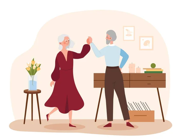 Alte Paare Tanzen Großeltern Der Wohnung Stehen Vor Klavierhintergrund Gemeinsamer — Stockvektor