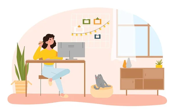 Δουλειά Στο Σπίτι Μια Γυναίκα Κάθεται Στον Υπολογιστή Και Σκέφτεται — Διανυσματικό Αρχείο