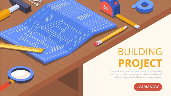 Concept Projet Construction Plan Avec Crayons Règles Conception Bâtiments Architecture — Image vectorielle