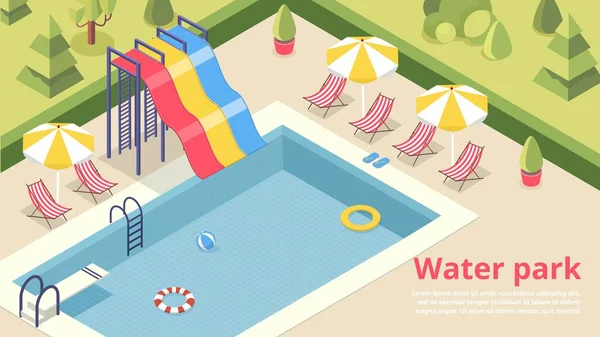 Water Park Concept Slide Sun Loungers Umbrellas Pool Territory Hotel — Stock Vector