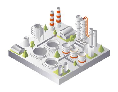 Petrol fabrikası konsepti. Enerji, güç ve elektrik. Nükleer, yakıt ve benzin istasyonu. Şablon, yerleşim ve modelleme. Şehir sanayi bölgesi. Karikatür izometrik vektör çizimi