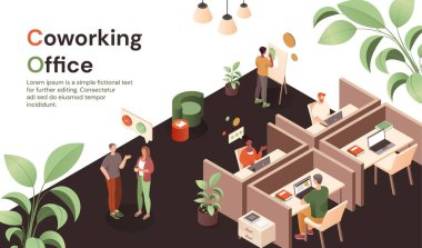 Ofiste çalışan insanlar ve odalar. Erkek ve kadın iletişim kurar, genç adam beyaz tahtanın yanında. Serbest çalışanlar ve işyerindeki uzak çalışanlar. İş ve iş. Karikatür izometrik vektör çizimi