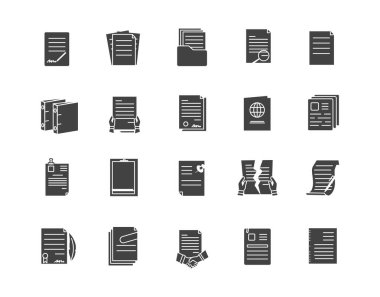 Siyah belge simgesi seti. Elektronik depolama ve arşiv. Ofiste evrak işleri, sözleşmeler. Web sitesi için grafik elementlerin toplanması. Beyaz arkaplanda izole edilmiş çizgi film düz vektör çizimleri