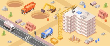 İnşa süreci konsepti. Gökdelenlerin inşası, malzemeli nakliyat, buldozer ve vinç. Şehir mimarisi ve inşaat metaforu. Karikatür izometrik vektör çizimi