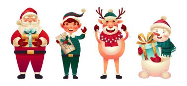 Noel kartı hazırlayan kişi. Sosyal ağlar için çıkartma koleksiyonu. Elf, geyik, kardan adam ve Noel Baba el sallıyor, yeni yıl. Beyaz arkaplanda izole edilmiş çizgi film düz vektör çizimleri