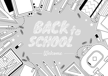 Okul afişine dönelim. Web sitesi için grafik ögesi. Cetvelli portföy, fırça, kalem, kalem, okul gereçleri. 1 Eylül ve Uluslararası Bilgi Günü. Çizgi film düz vektör çizimi