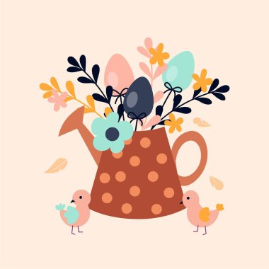 Paskalya boho sulama konservesi ve yumurta. Bitki dalları ve yaprakları olan bahçe aletleri. Geleneksel bayram, kültür ve dinin sembolü. Bahar ve yaz mevsimi, çiçek. Çizgi film düz vektör çizimi