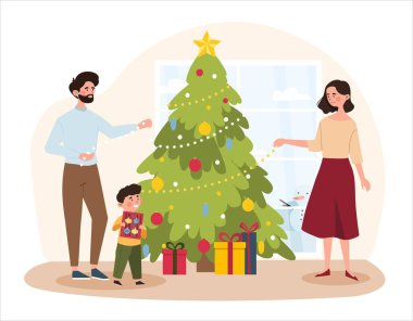 Aile süsleme Xmas ağacı. Kolyeler ve çelenklerle oyuncak taşıyan kadın ve erkek. Gelenekler ve kültür, kış tatilleri ve yeni yıl. Ailesi ve oğlu. Çizgi film düz vektör çizimi