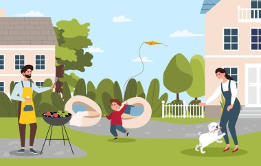 Aile dışarıda vakit geçiriyor. Adam et ve sebzelerle barbekü yapıyor, kadın köpekle oynuyor ve oğulları uçurtmayla koşuyor. Yaz ya da bahar mevsimi konsepti. Çizgi film düz vektör çizimi