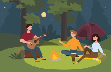 Kamp ateşinin yanında gece kampı. Gitarlı bir adam ve çadırın yanındaki ormanda oturan kadınlar. Romantik randevu ve aktif yaşam tarzı. Yürüyüş, spor, hafta sonları ve hobiler. Çizgi film düz vektör çizimi