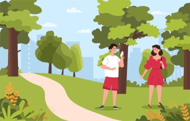 Parkta bir kadının fotoğrafını çeken bir adam. Akıllı telefonlu genç bir adam, kadınlarla fotoğraf çekiyor. Paprazzi ve açık hava fotoğrafçısı. Bahar ya da yaz tatillerinde. Çizgi film düz vektör çizimi