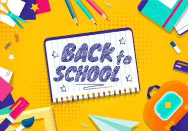 Okul afişine dönelim. Eğitim, öğrenme ve eğitim. Sırt çantasında renkli kalemler, silgi ve cetvel var. 1 Eylül ve uluslararası tatil, bilgi günü. Çizgi film düz vektör çizimi