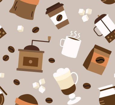 Kahve pürüzsüz. Kumaş üzerine baskı yapmak için tasarım ögesi tekrarlanıyor. Sıcak içecek ve içecek, lezzetli ve aroma sıvısı. Mocaccino, cappuccino ve latte, çay. Çizgi film düz vektör çizimi