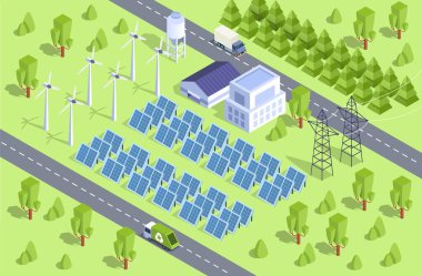 Yeşil enerji konsepti. Güneş panelleri ve yel değirmenleri. Doğa, ekoloji ve çevre ile ilgilenmek, alternatif enerji kaynakları, modern teknolojiler ve yenilikler. Karikatür izometrik vektör çizimi