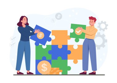 Bulmacaları birbirine bağlayan insanlar. Takım çalışması ve ortaklık, çalışanlar ortak proje üzerinde çalışıyor. İletişim ve etkileşim. Etkili iletişim ve işbirliği. Çizgi film düz vektör çizimi