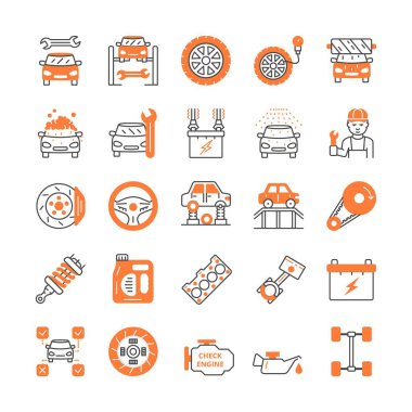 Araba servisi renk simgeleri ayarlandı. Web sitesi için grafik elementlerin toplanması. Anahtarlı araba, oto yıkamada köpük motor yağı ve fren. Beyaz arkaplanda izole edilmiş çizgi film düz vektör çizimleri