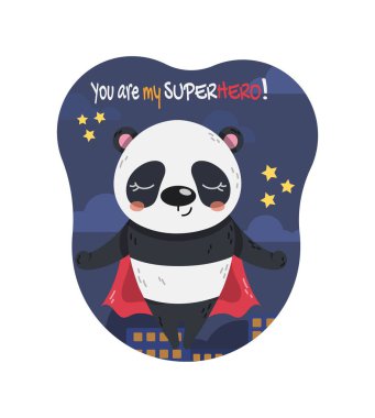 Panda süper kahraman konsepti. Kırmızı pelerinli şirin bir hayvan uçar ve gece arkaplanına karşı meditasyon yapar. Çizgi roman tasarım elemanı. Peri masalı ve kurgusal kişi. Çizgi film düz vektör çizimi