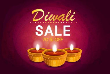 Diwali satış afişi. Metin, reklam ve özel sınırlı teklifle yanan lambalar veya mumlar. Hint gelenekleri ve kültürü. Pazarlama ve reklam afişi. Çizgi film düz vektör çizimi
