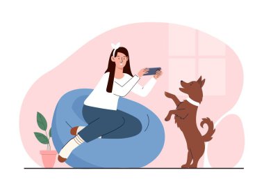 Akıllı telefonlu fotoğraflar var. Genç kız, köpek fotoğrafı, evcil hayvanlı ev sahibesi. Evdeki rahatlık ve rahatlık. Hafıza ve hayatın parlak anları, fotoğraf albümü. Çizgi film düz vektör çizimi