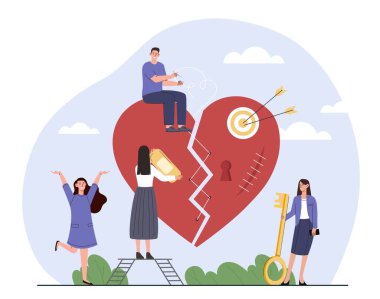 Kalbi kırık insanlar. Psikolojik problemler ve akıl sağlığı, depresyon ve hüsran. Arkadaş desteği. İlişkilerde başarısızlık. Aşk ve boşanma. Çizgi film düz vektör çizimi