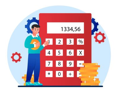 Finans kavramı da dahil. Hesap makinesinin yanında altın paraları olan adam. Finansal okuryazarlık, bütçe, iş planlaması. Para tasarruflarının ve yatırımların çeşitlendirilmesi. Çizgi film düz vektör çizimi