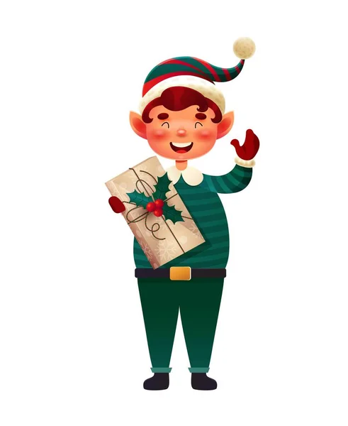 Elf Mit Geschenkbox Geschenk Oder Überraschung Wohlwollender Charakter Aufkleber Für — Stockvektor