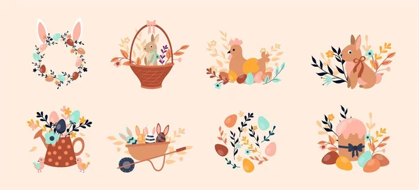 复活节Boho作曲设置 兔子和复活节彩蛋 传统的春假 宗教和文化 鲜花和大自然 在米色背景下孤立的卡通平面矢量插图 — 图库矢量图片