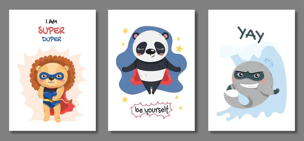 Cartazes Super Heróis Coleção Elementos Gráficos Para Site Leão Panda —  Vetores de Stock