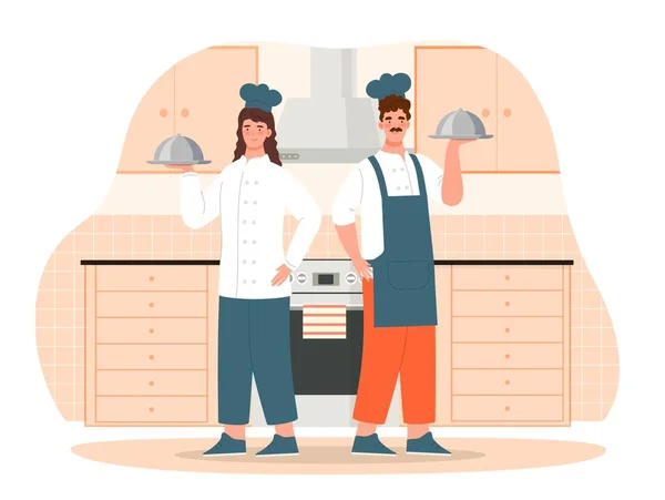 Chefs Cozinha Homem Mulher Gorros Brancos Estão Com Bandejas Especialistas — Vetor de Stock