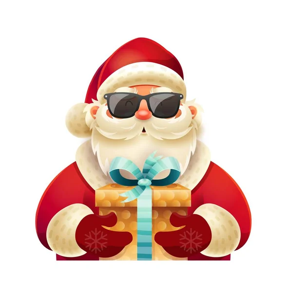 Cool Santa Claus Avec Présent Caractère Fictif Avec Boîte Cadeau — Image vectorielle