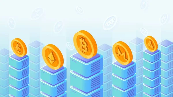 Conceito Moedas Criptografadas Bitcoin Litecoin Tecnologia Blockchain Investimento Negociação Economia — Vetor de Stock